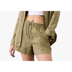 Athleta Retreat 100% Linen Mid Rise 4" Shorts Green Small NO DRAWSTRING